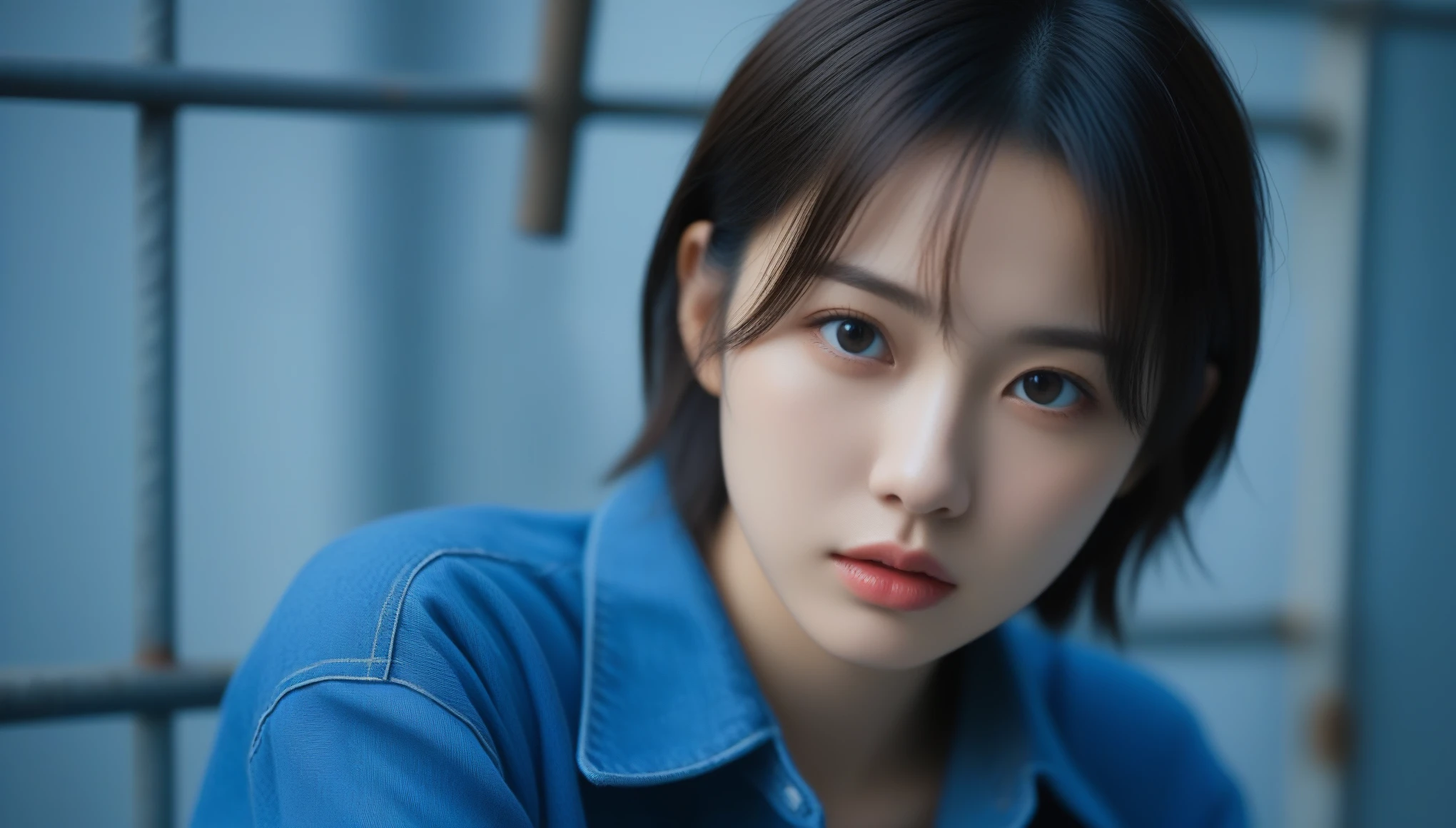8k, Ultra-high resolution, Highest quality, masterpiece, 三分割法によるphotograph,Surreal, photograph, 1 , (:1.3), cute, cute顔, 細部までBeautiful Eyes, 細かくdetailedに,masterpiece,One Girl:1.2,Japanese women,student,cowboy shot,glaring,Black short hair,messy hair,(Dirty uniform:1.3),Leaning against the wire mesh,Glare,Blue Collar,Factory wall,(Beautiful attention to detail),Subtle details, detailedな顔,anger,Attractive eyes,(ポートレートphotograph:1.4),(Photorealistic images:1.4),Fantasy art,(Beautiful Face:1.4),美しくAttractive eyes、Beautiful Eyes、Grayscale 16Bits,(Tight waist:1.4)、(Beautiful with perfect body proportions:1.4),Pink Lips,Looking at the audience,(((Ideal body type))),A-cup small breasts :2,、Portraiture:2、Perfect Anatomy、鮮明なdetailed、detailed,Fashion magazine cover,Thin lips,完璧でBeautiful Face ,完璧でcute顔, Skin with attention to detail, Perfect limbs、Narrow waist,Surreal,Light and shadow,backlighting