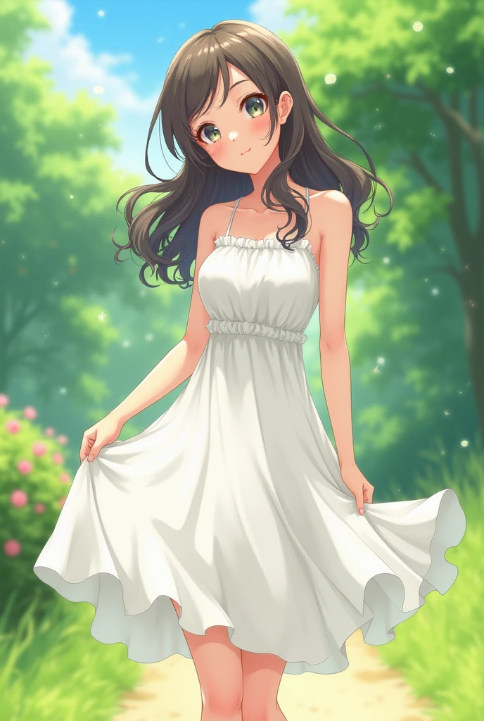 Anime Girl in white sundress and wedges heels