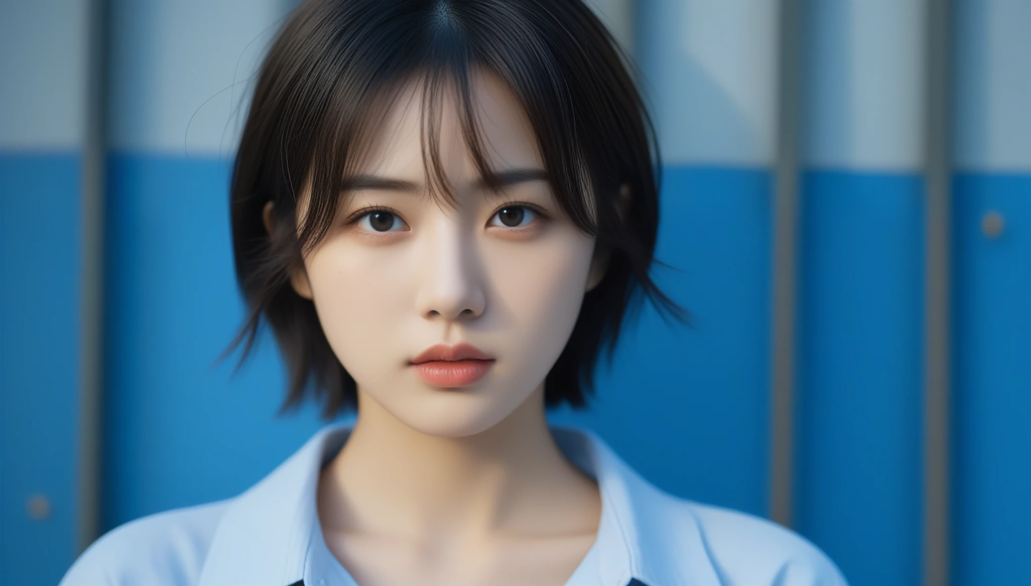 8k, Ultra-high resolution, Highest quality, masterpiece, 三分割法によるphotograph,Surreal, photograph, 1 , (:1.3), cute, cute顔, 細部までBeautiful Eyes, 細かくdetailedに,masterpiece,One Girl:1.2,Japanese women,student,cowboy shot,glaring,Black short hair,messy hair,(Dirty uniform:1.3),Leaning against the wire mesh,Glare,Blue Collar,Factory wall,(Beautiful attention to detail),Subtle details, detailedな顔,anger,Attractive eyes,(ポートレートphotograph:1.4),(Photorealistic images:1.4),Fantasy art,(Beautiful Face:1.4),美しくAttractive eyes、Beautiful Eyes、Grayscale 16Bits,(Tight waist:1.4)、(Beautiful with perfect body proportions:1.4),Pink Lips,Looking at the audience,(((Ideal body type))),A-cup small breasts :2,、Portraiture:2、Perfect Anatomy、鮮明なdetailed、detailed,Fashion magazine cover,Thin lips,完璧でBeautiful Face ,完璧でcute顔, Skin with attention to detail, Perfect limbs、Narrow waist,Surreal,Light and shadow,backlighting