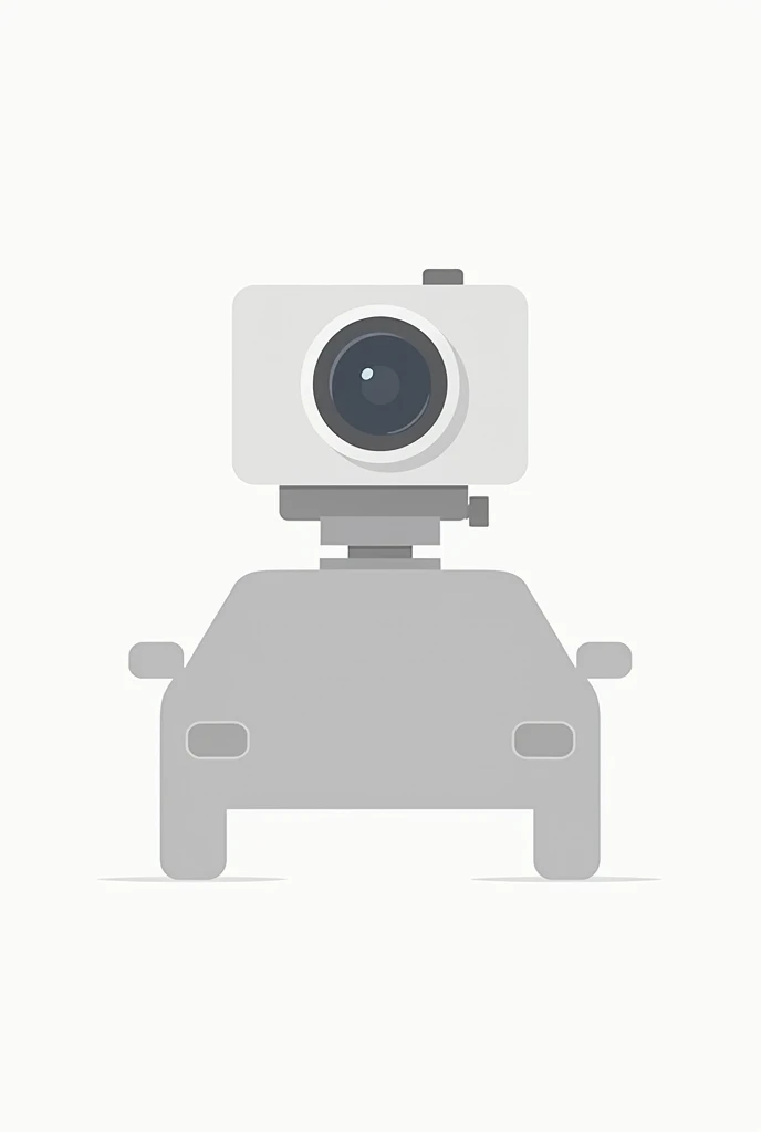 A simple icon logo vectorized in flat colors has to be minimalist, the image must represent the lens of a video camera on top of a car using flat colors without shadows or effects and with an entirely white background, the car must be larger than the camera lens