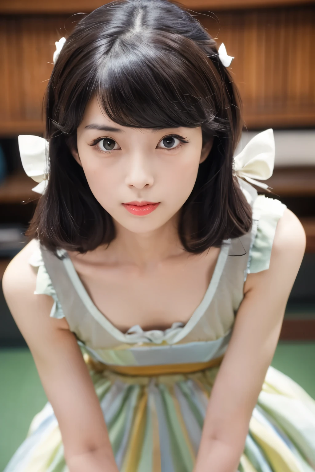 Masterpiece, photogravure, highest quality, clear contours, (One Girl, alone), Japanese woman, 30 years old, lipstick, cute face, detailed face, beautiful eyes, detailed eyes, focus on the eyes, bob hair, Anatomically correct body structure, wearing body-fitting costumes, getting on all fours, lifting butts, shot from the front