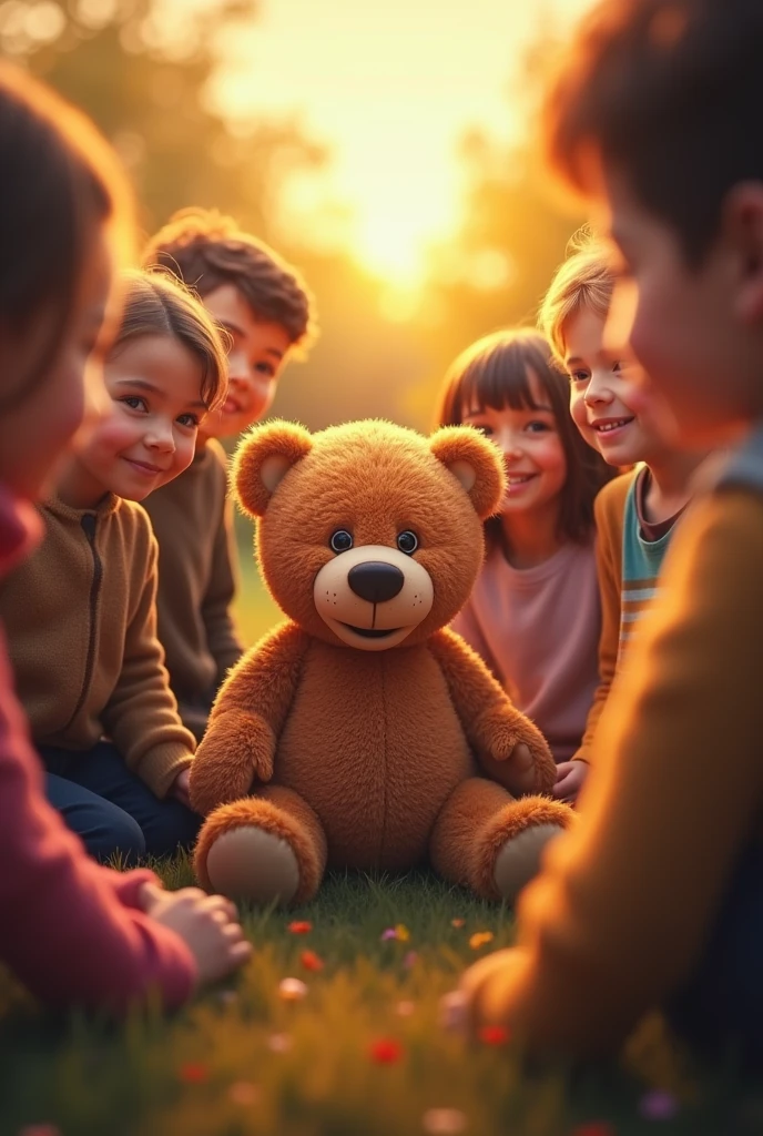 Teddy bear in a circle of people, representing community and connection