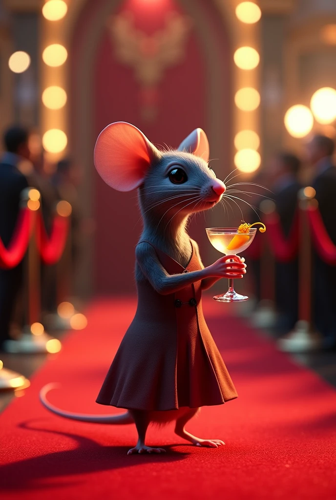 A rat in a dress having a drink and modeling on a red carpet 3d
