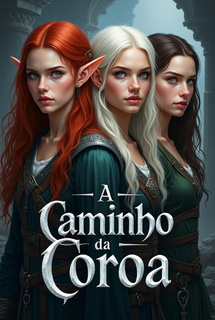 Description: Create a super realistic book cover for a medieval fantasy story. The background of the cover must be silver, with the title “A CAMINHO DA COROA” highlighted, written in a large and imposing font. With a sigh. 

In the central part of the cover, three young people should appear with intense expressions and looks of hatred, in a darker environment. One next to the other. They must have distinct faces and different characteristics, being elves:

First woman: Red hair and blue eyes.
Second woman: Platinum hair, almost white.
Third woman: Brown hair. They are different from each other, have different looks and different faces.
With a dark atmosphere that surrounds them, contrasting with the clarity of the silver background.