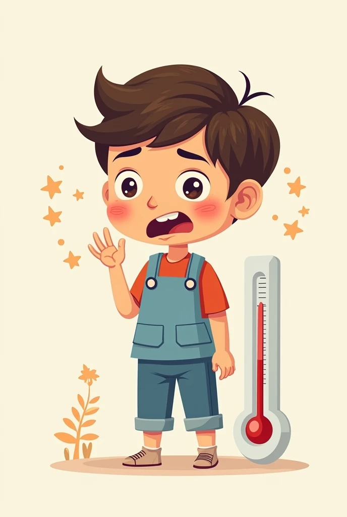 I am looking for illustration for a student with fever, a high temperature thermometer with the following style: drawing style: Modern and vector, with smooth, clean lines, and vibrant colors. Cartoonish but realistic. Color: Using a palette of bright and contrasting colors that are pleasant and eye-catching. FORMAT: Illustrations arranged in a book or manual style. This illustration is intended for a guidance and training manual, so it must be clear, accessible and visually appealing."