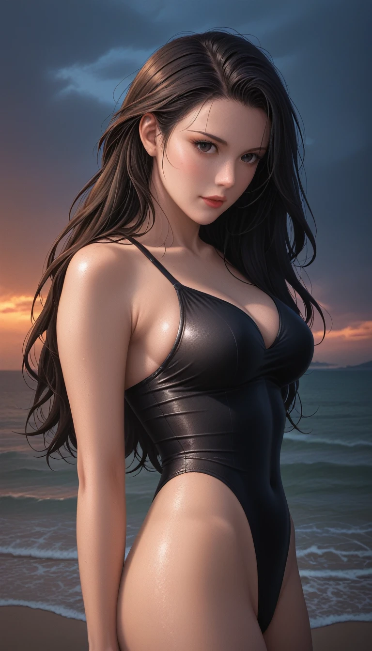 score_9, score_8_superior, score_7_superior, High resolution 3D anime style,A masterpiece in 32K resolution,Highest quality,it is really amazing,Very detailed,Ultra-high resolution,Ultra-realistic,Realistic,Increased depth of field,Cinematic lighting,
Sexy mature Japan woman,
Glossy black hair,Wavy long hair,Showing his forehead,god々Beautiful,Ultra-detailed and beautiful face,Sensual look,Beautiful dark brown, moist eyes,Pitch black eyes,Glowing, moisturized skin,Translucent white skin,born々New skin texture,Great proportions,
Black high leg swimsuit,
Bold design,born地の詳細な質感,
A seaside scene at dusk,Dark clouds filling the sky,Thundercloud,Coastline at night,Orange reflections on the sea surface,delay々A desolate sandy beach that continues,
Cinematic Angle,