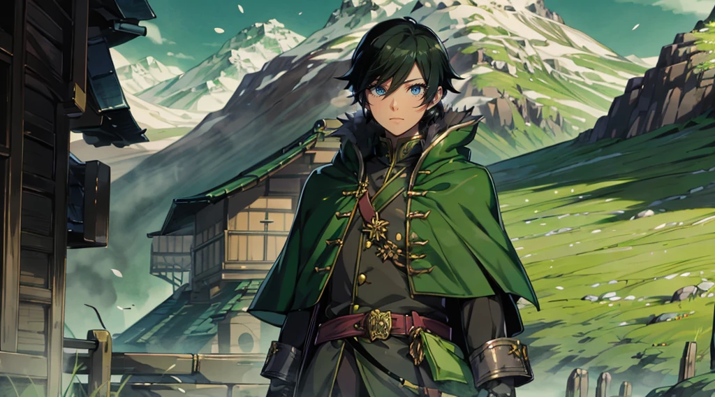 yuichiro hyakuya, (WithoutFear:1), demon king, evil face, 1 boy, black hair, green eyes, brown coat, gray armor, green shield, green cloak, dark brown gloves, castle, white fur trim, tall, anime, standing, good quality, portrait, looking at viewer