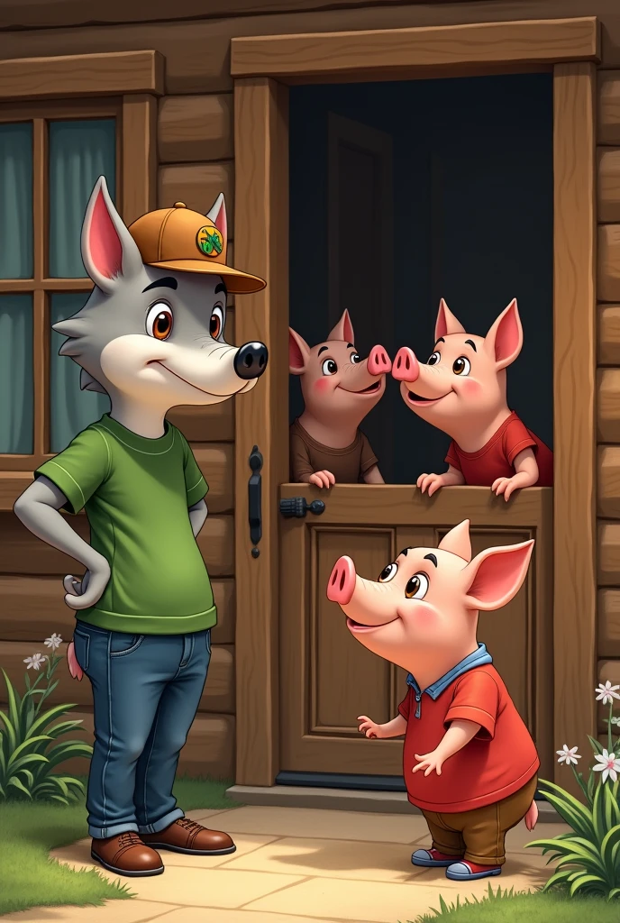Outside a wooden house, a well-dressed and polite jovial wolf tries to talk to two pigs, one wearing a green t-shirt and jeans, a jovial brown cap, and the other wearing a red t-shirt and brown pants, a more intellectual style. They look out the window at the wolf outside.
