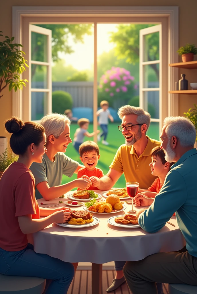 make a picture horizontally, where a boy is seen, with brown hair, surrounded by his parents, sister and grandparents, having dinner at the dining room table