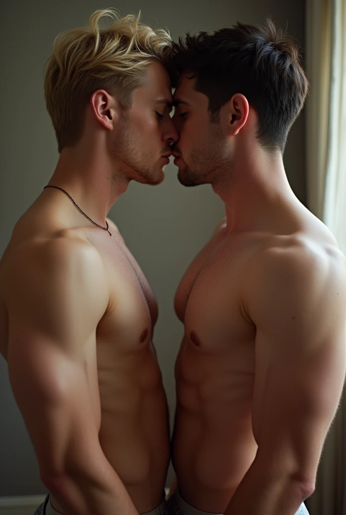 two men having sex naked, big penis, showing the penis, a blond man and a black haired man.