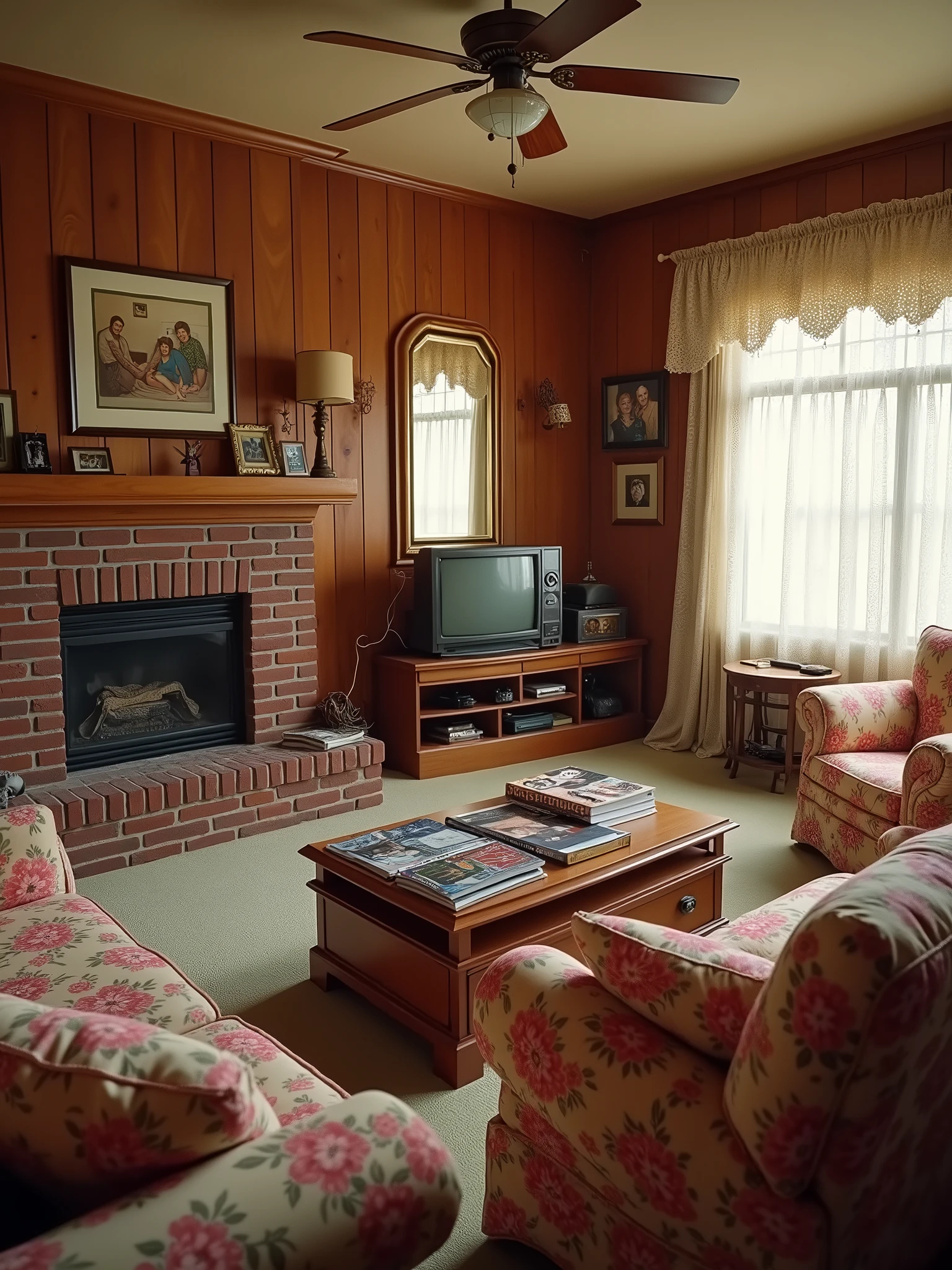 The interior of a 1980s suburban home in Los Angeles, perfect for a sitcom setting. The living room is the heart of the house, featuring wood-paneled walls, a large brick fireplace, and a plush, floral-patterned sofa set. A vintage tube TV sits on a wooden console, surrounded by VHS tapes and a few family photos in mismatched frames. The coffee table is cluttered with magazines, a rotary phone, and a remote. The kitchen, just off the living room, is a blend of retro charm and functionality with colorful linoleum flooring, wooden cabinets with brass handles, and harvest gold appliances. A round dining table with cushioned chairs sits near the window, where a set of sheer, lace curtains allows sunlight to filter in. The walls are decorated with a mix of floral and geometric-patterned wallpapers, adding a touch of the era’s bold style. The hallway leads to bedrooms with plush carpeting, featuring more wood accents, such as a full-length mirror with a wooden frame and family portraits lining the walls. The overall atmosphere is cozy and lived-in, with a sense of warmth and nostalgia, making it the perfect setting for the daily life of a sitcom family.
