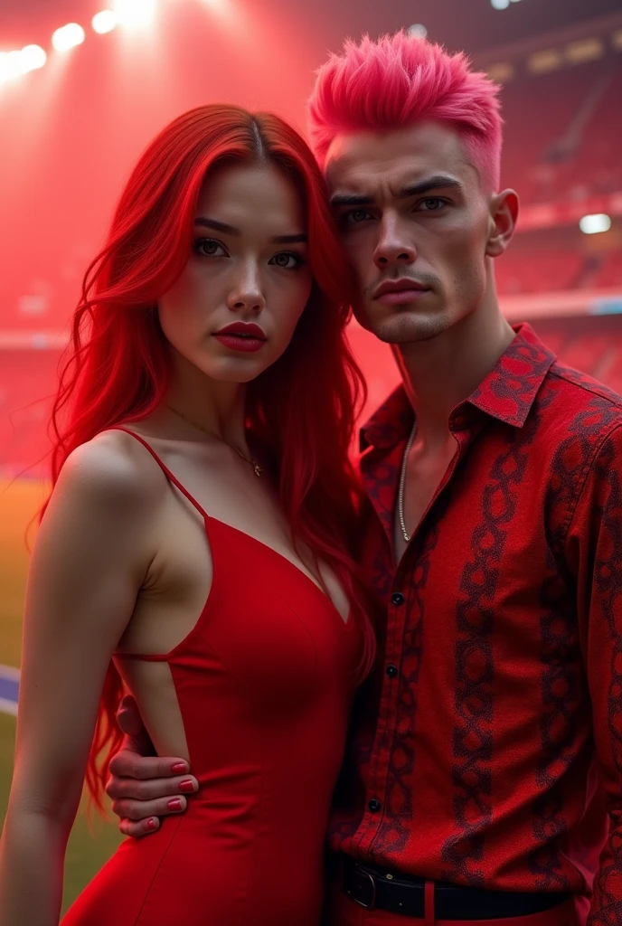 redhead woman with a man with pink hair,in a stadium with red lights and red dress and he in a red blouse with snake print