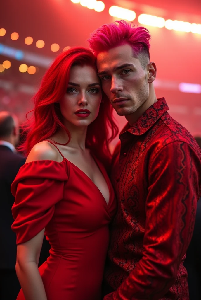 redhead woman with a man with pink hair,in a stadium with red lights and red dress and he in a red blouse with snake print