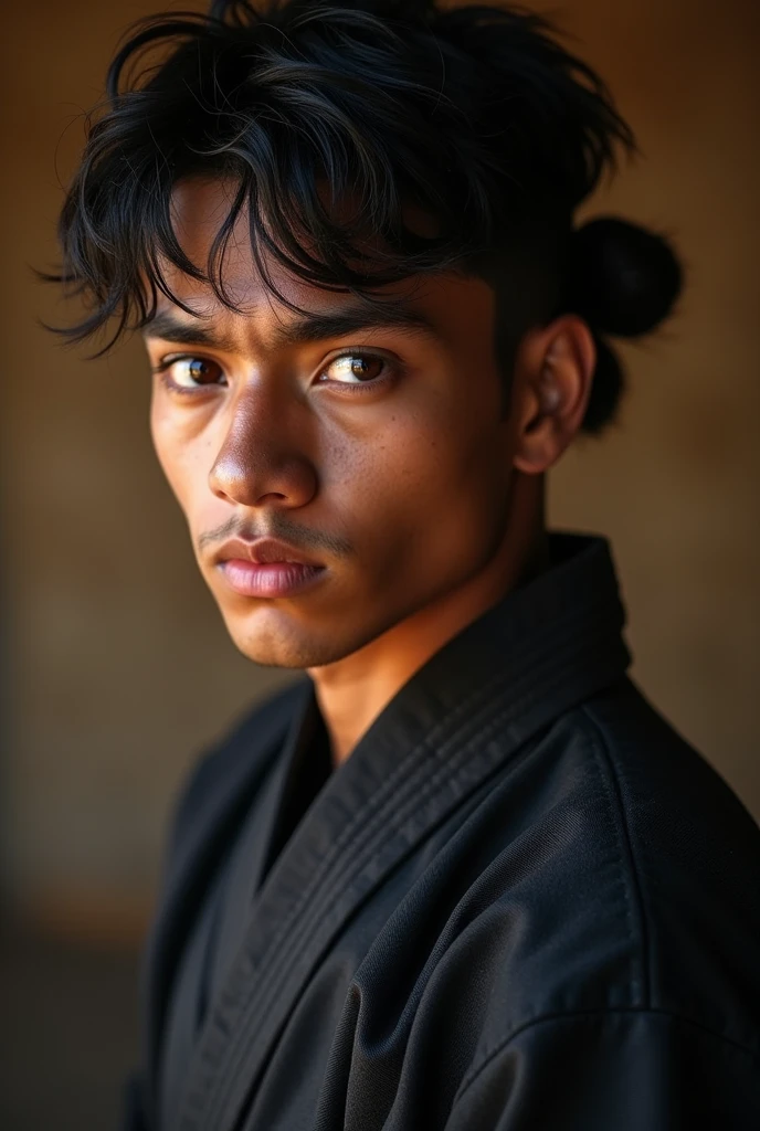 (real-life)
with short, well-defined, wavy black hair, He wears the black Cobra Kai kimono and wears a black belt on his forehead., He is dark-skinned and has a small scar on his eyebrow, and your eyes are brown.
He is a young man with a Brazilian face and features..
fund: Karate
