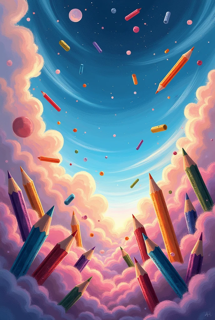 Universe and clouds with pencils and crayons everywhere , with warm tones and shades drawn in crayon