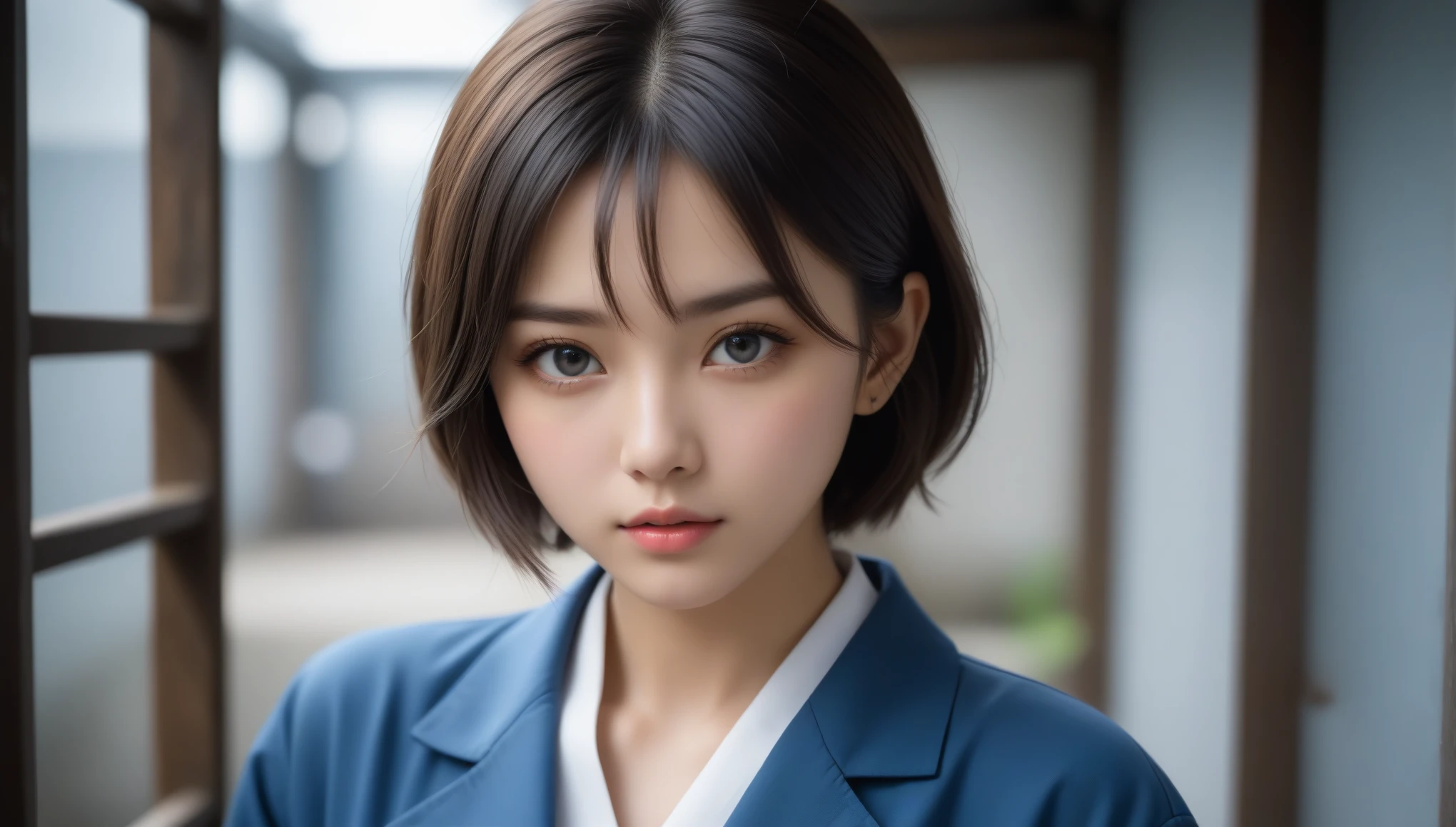 8k, Ultra-high resolution, Highest quality, masterpiece, 三分割法によるphotograph,Surreal, photograph, 1 , (:1.3), cute, cute顔, 細部までBeautiful Eyes, 細かくdetailedに,masterpiece,One Girl:1.2,Japanese women,student,cowboy shot,glaring,Black short hair,messy hair,(Dirty uniform:1.3),Leaning against the wire mesh,Glare,Blue Collar,Factory wall,(Beautiful attention to detail),Subtle details, detailedな顔,anger,Attractive eyes,(ポートレートphotograph:1.4),(Photorealistic images:1.4),Fantasy art,(Beautiful Face:1.4),美しくAttractive eyes、Beautiful Eyes、Grayscale 16Bits,(Tight waist:1.4)、(Beautiful with perfect body proportions:1.4),Pink Lips,Looking at the audience,(((Ideal body type))),A-cup small breasts :2,、Portraiture:2、Perfect Anatomy、鮮明なdetailed、detailed,Fashion magazine cover,Thin lips,完璧でBeautiful Face ,完璧でcute顔, Skin with attention to detail, Perfect limbs、Narrow waist,Surreal,Light and shadow,backlighting