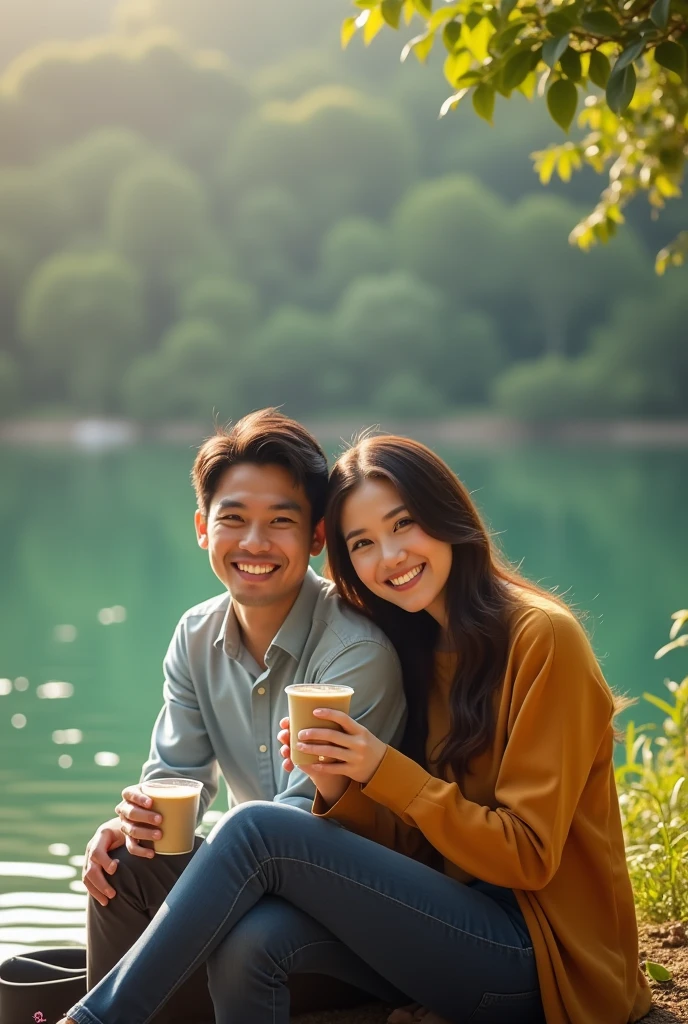 A couple from Indonesia enjoying coffee by the lake in the morning. Their faces are facing the camera with a smile. Hyper realistic high resolution cinematic ultra hd detail glossy