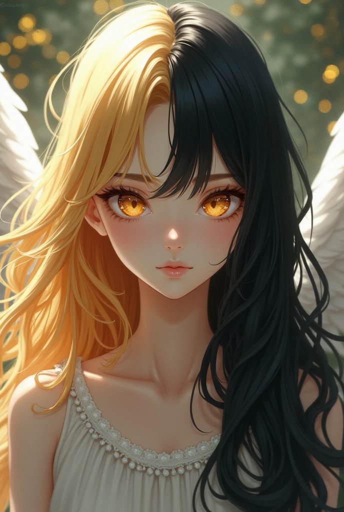 Now a girl divided into two, half blonde with long hair and half very short black hair that can be seen in full body, the eyes are honey colored, She is  and is in love with Angel