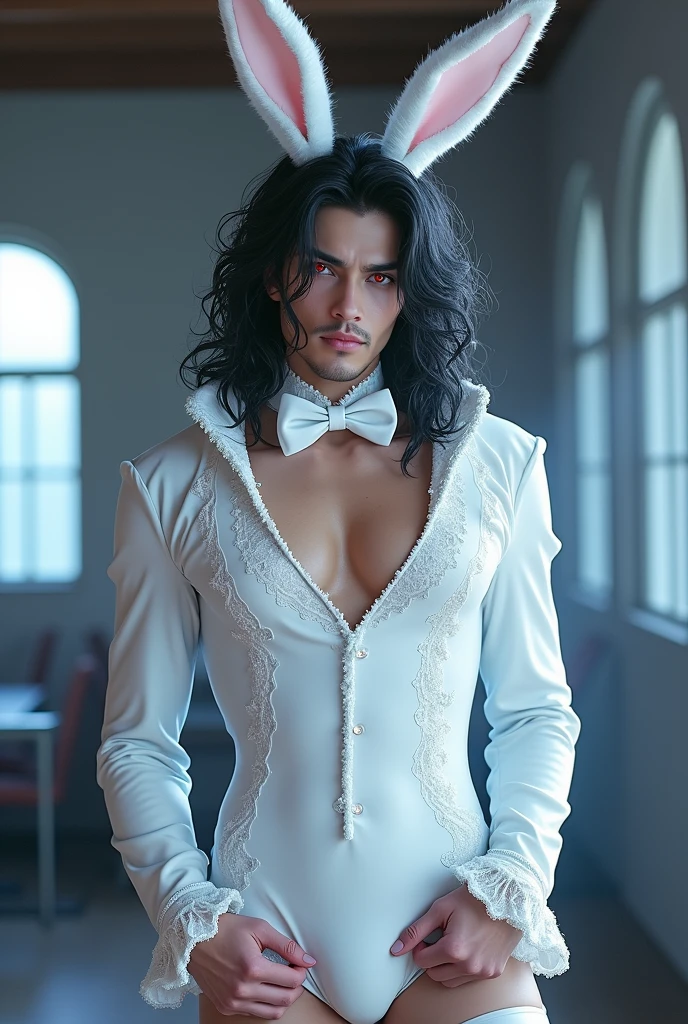Sexy Man with black wavy hair, Covering your red eyes in a white sexy bunny outfit With bow tie with big thighs in stockings