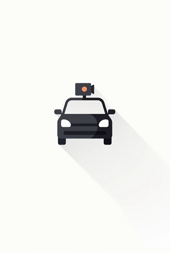 A simple icon logo vectorized in flat colors has to be minimalist, the image must represent the lens of a video camera on top of a car using flat colors without shadows or effects and with an entirely white background, the car must be larger than the camera lens