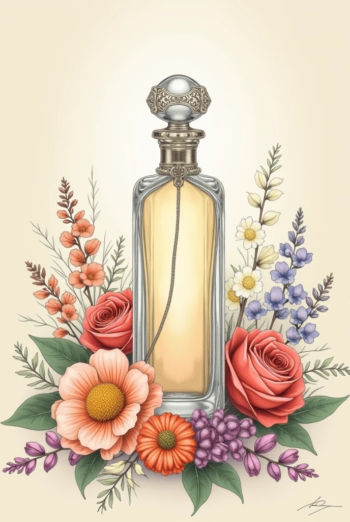 A painting with a perfume bottle. dainty, pencil draw, vintage frasco, with bouquets of flowers