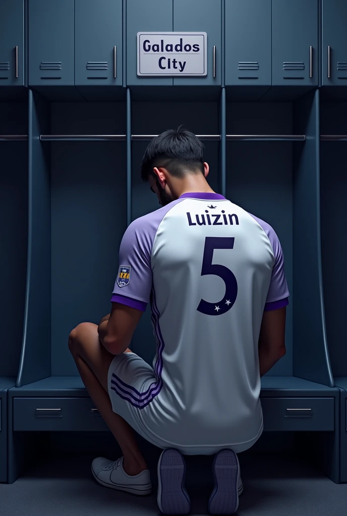 football locker room with a football player's cabin in this cabin there will be a white shirt with purple details (minimalists) on the collar and at the tip of the sleeve the shirt must be showing the back with the name LUIZIN highlighted and the shirt number must be number 5, the cabin at the top must contain the name of the club which is GALADOS CITY, all ambient light must be off, only the light of the sign with the name GALADOS CITY and a low light above the shirt indicating prominence must be on. (The image should be centered and not too far away) and the player with slightly dark skin, short straight black hair and a beard showing that he cares about the current fashion style must be wearing pre-game clothes different from the shirt that is hanging in the locker room, the one he is wearing is gray with purple details on the sleeve and collar of the shirt and on the shorts, the player in the image must be on his knees with his head down (indicating pre-game concentration motivation )