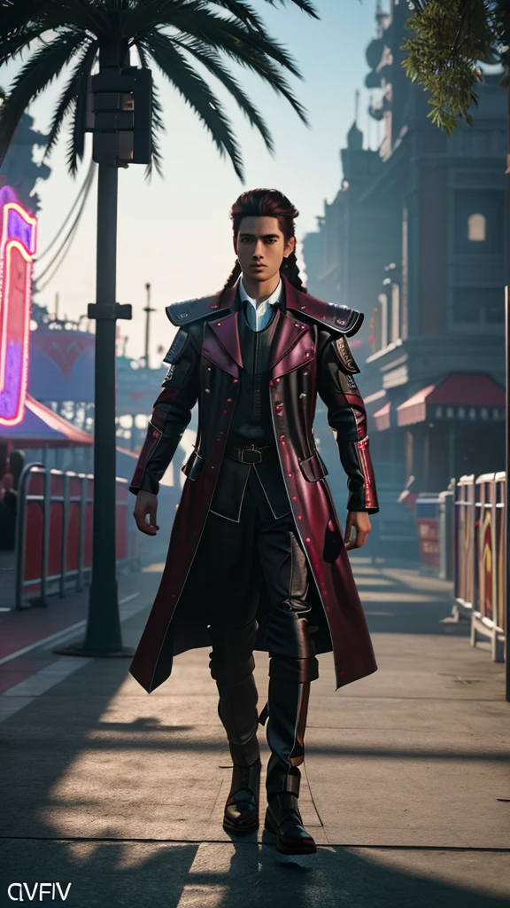 masterpiece of photorealism, photorealistic highly detailed 8k photography, best hyperrealistic quality, volumetric lighting and shadows, young man in saint_cloth divine_armor, braided hairstyle burgundy, Neon-Lit Amusement Park Rides, First-Person View (FPV) Drone Perspective