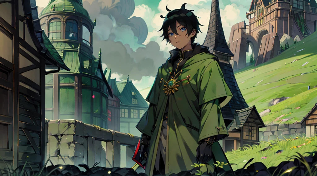 yuichiro hyakuya, (WithoutFear:1), demon king, evil face, 1 boy, black hair, green eyes, brown coat, gray armor, green shield, green cloak, dark brown gloves, castle, white fur trim, tall, anime, standing, good quality, portrait, looking at viewer