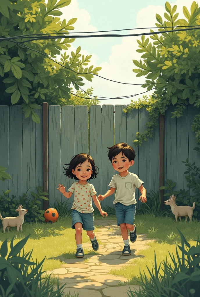 Drawing of a boy and a girl playing trapped in the yard
