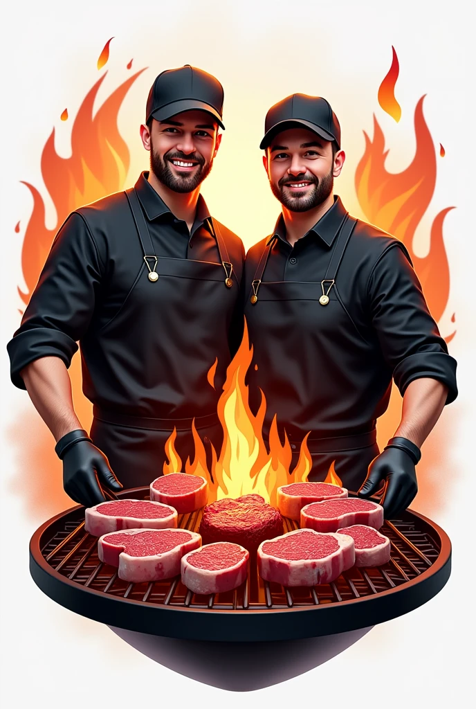 Create a professional logo  ,  with a barbecue theme on the grill , special cuts of meat , two people , de avental preto , gloves and caps , 3D people