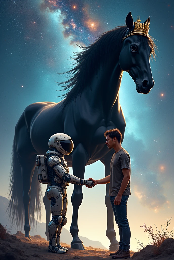 A black horse with a crown on its head and in front of it a man from space shaking hands with his friend from Earth and they look at the camera