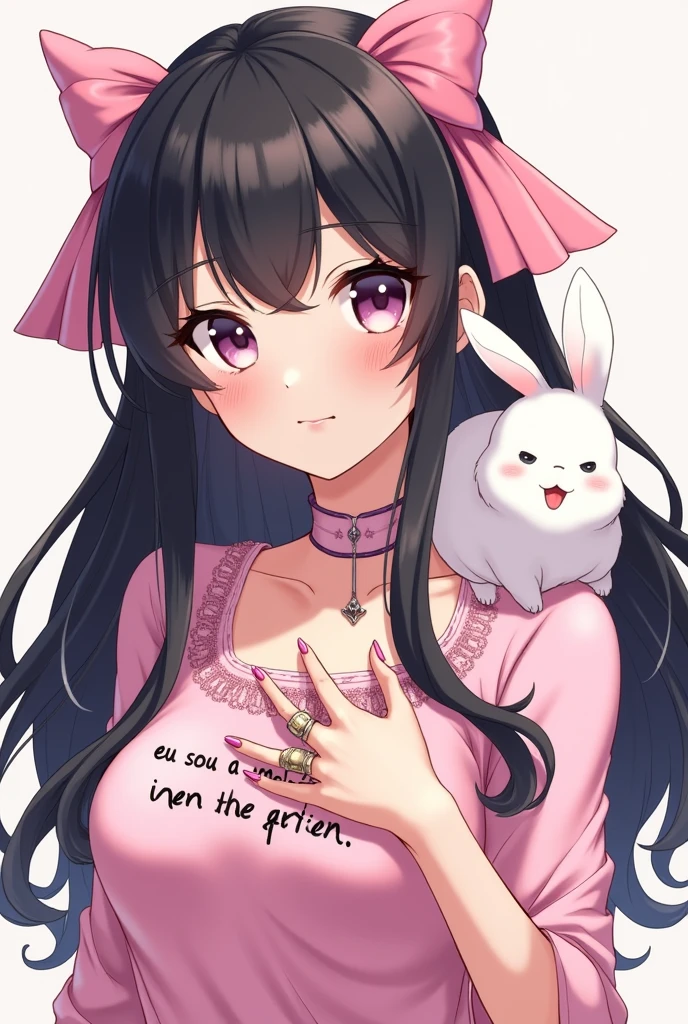 a female anime with long black hair, with a pink bow in her hair, pink details, wearing rings and a collar style necklace, with a fluffy white rabbit on his shoulder, em português BR Write na blusa eu sou a melhor, and below I am the best, Write @manulinda, image size 100x100