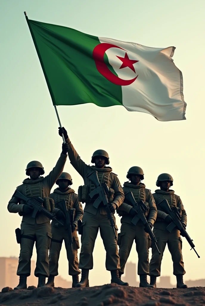 En tenue de combat casque Des soldats algériens militaires ils sont 5 ils portent le drapeau algérien de couleur vert blanc le croissant de lune l'étoile rouge ils le tiennent tous avec leurs mains pour pas qu'il tombe