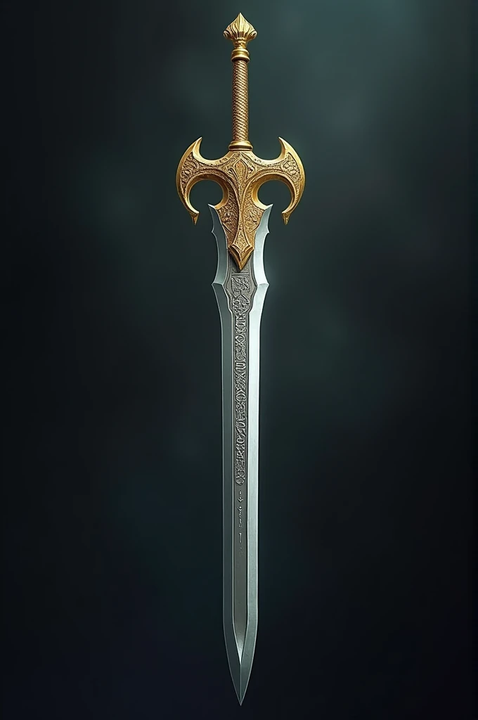 dragon long sword elven sword style, with golden handle and silver blade with symbols