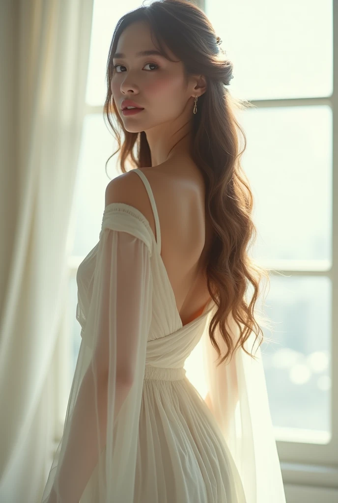 arafa woman in a white dress posing in front of a window, ethereal beauty, photo of a beautiful woman, delicate soft and hazy lighting, beautiful soft lighting, soft portrait photographed in 8k, wearing a stunning ivory dress, soft ethereal lighting, Beautiful soft lighting, beautiful flowing hair, her hair flowing down, flowing dress, not wlop style, long shiny ethereal hair