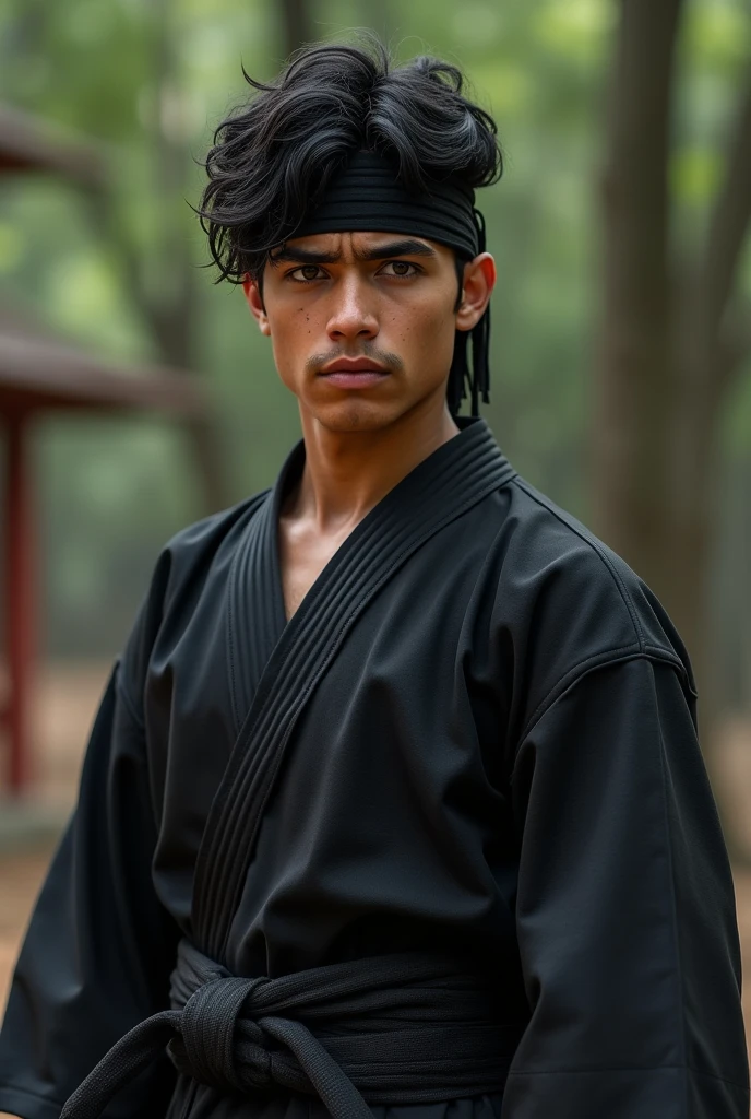 (real-life)

 with well defined wavy black hair, He wears the black Cobra Kai kimono and wears a black belt on his forehead., He is dark-skinned and has a small scar on his eyebrow, and your eyes are brown.
He is a young man with a Brazilian face and features..

fund: Karate