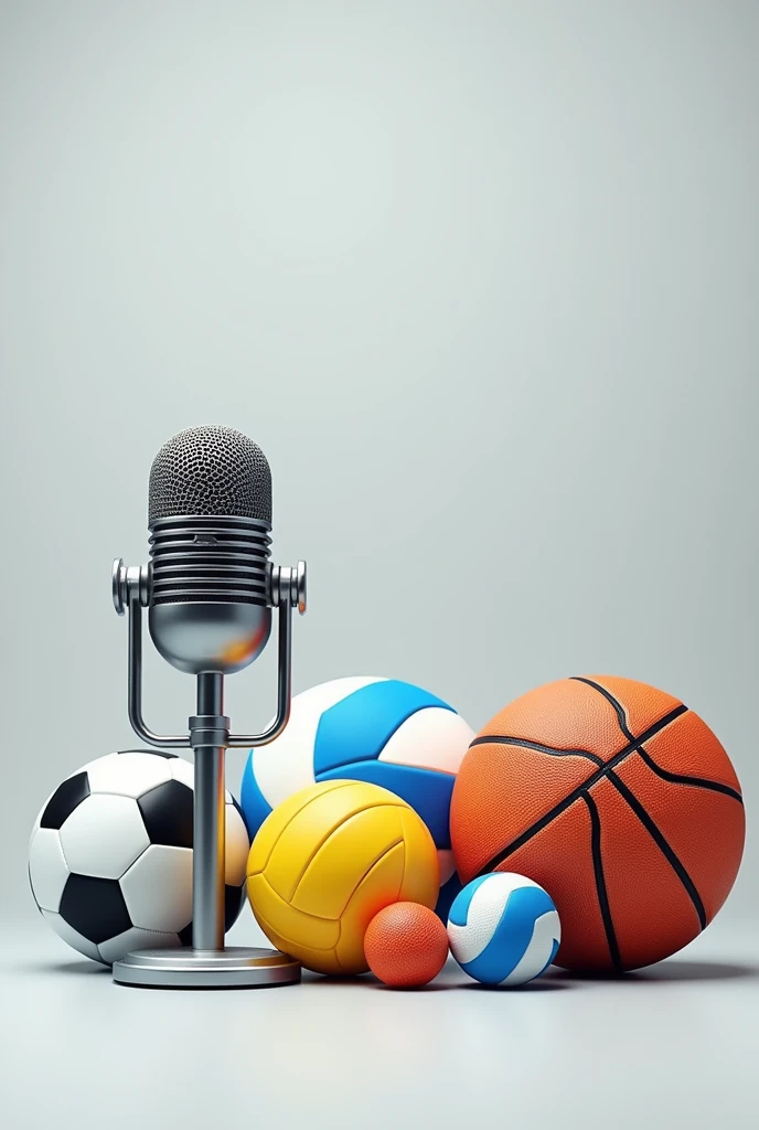 Generates an image of a radio program about sports with a soccer ball, basketball, volleyball and American football but on the left side and not taking up the whole image with a grey background and the balls in the colour they are known for and on the horizontal side with a microphone next to it and a touch of drawings