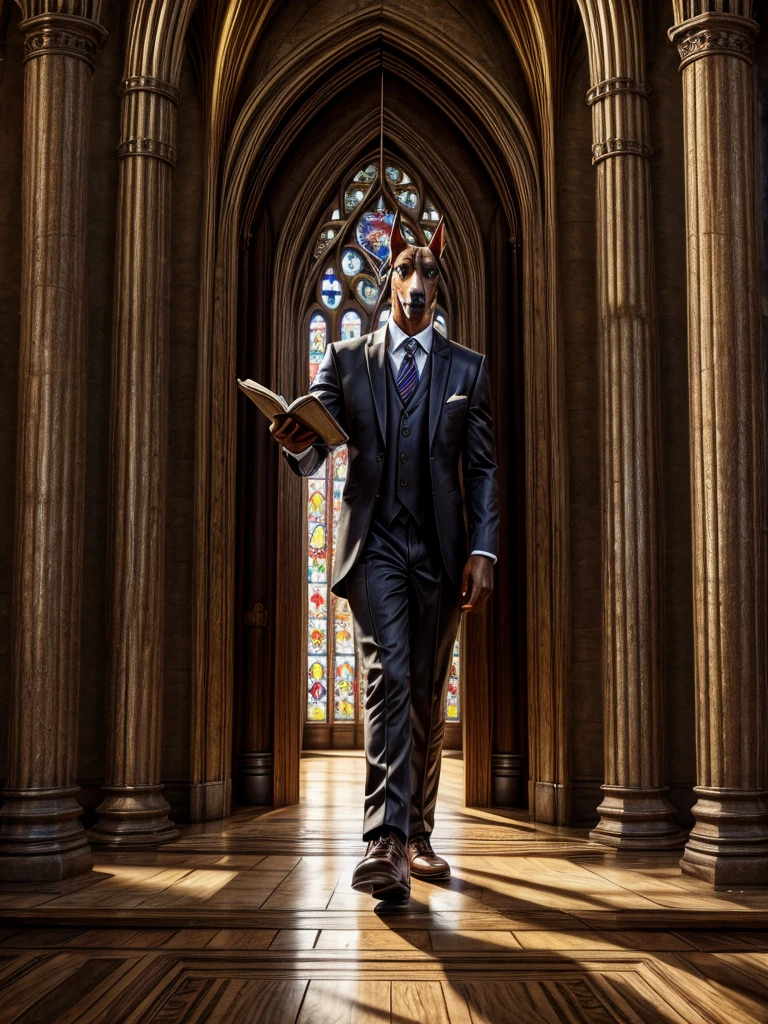 Doberman wearing a suit and tie with a bible in his hand entering the church on a beautiful morning