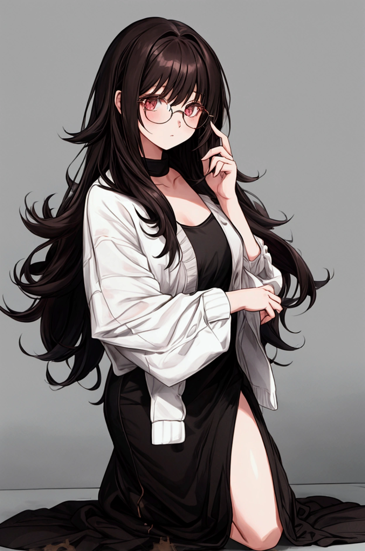 1girl, dark hair, fluffy hair, messy long hair, messy bangs, wearing round glasses, wearing emo clothes, full body