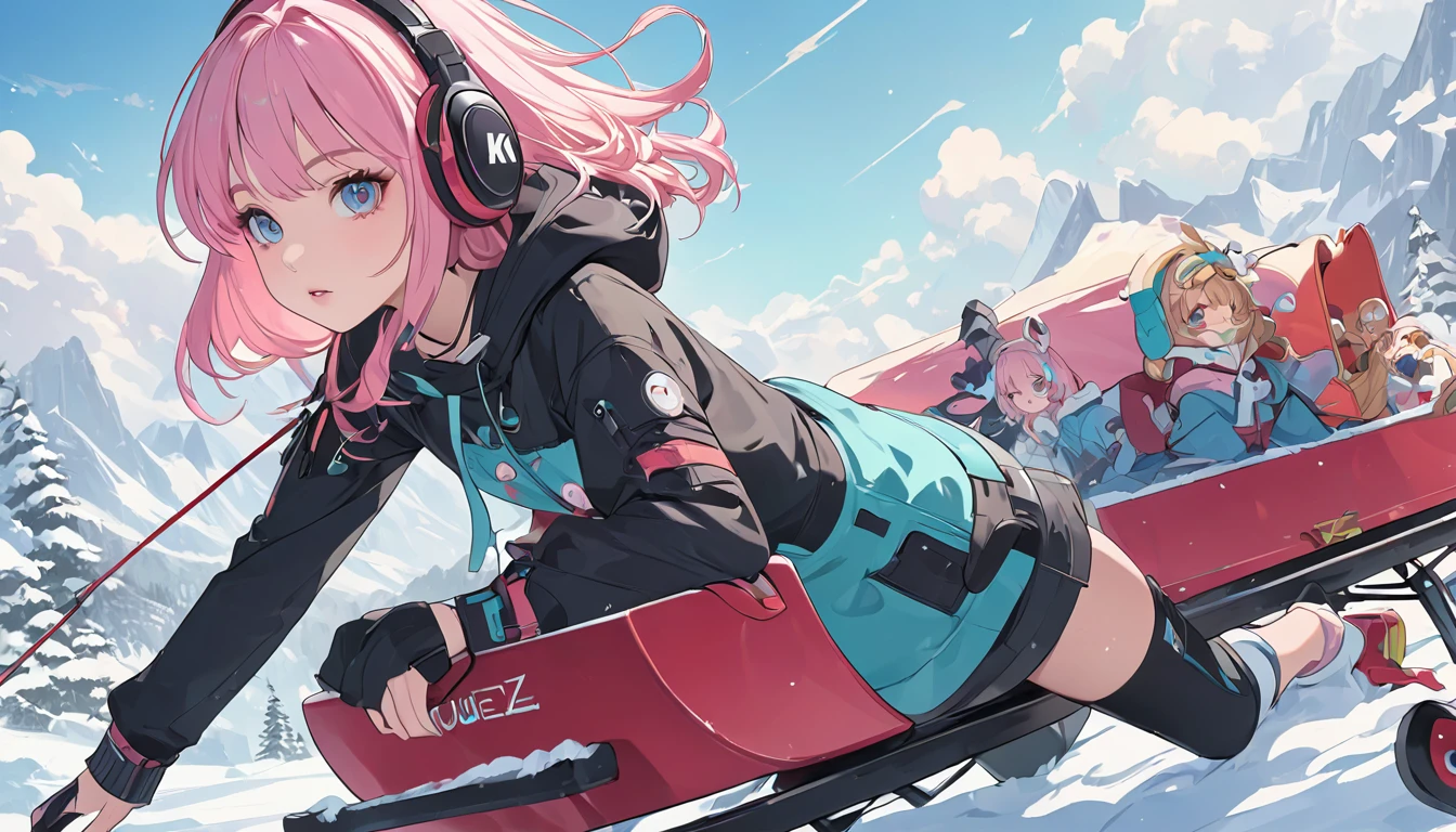 anime girl with pink hair wearing headphones and looking at a sled, anime styling 4 k, non-style artwork by guweiz, 8K anime art wallpaper, 4k anime art wallpaper, 4K anime art wallpaper, lofi portoRait, lofi girl, anime styling. 8k, melhor anime wallpaper 4k konachan, anime wallpaper 4k