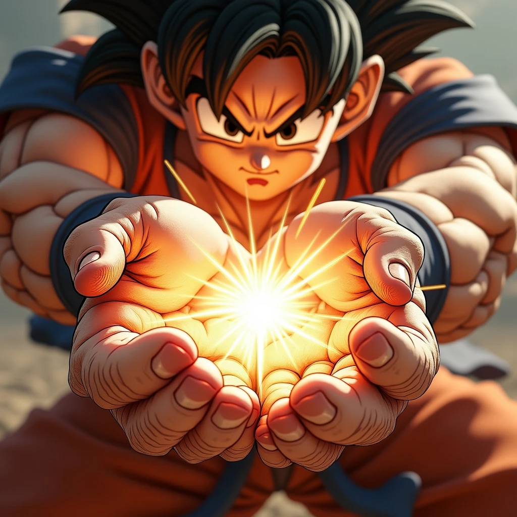very super close-up image of Son Goku's hands\(Dragon sphere\(sleeved\), muscular,yelling,Jumpy\) ,pose de Kamehameha, firing a beam of energy from his hands,realistic art style, generate only hands, action movie screenshot,focus on the hands