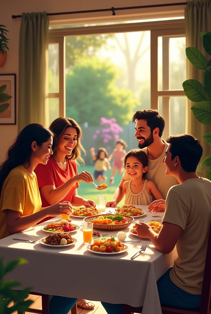 A Latino family smiling while having breakfast together in the kitchen, children playing in the garden, or friends enjoying a barbecue in the backyard.