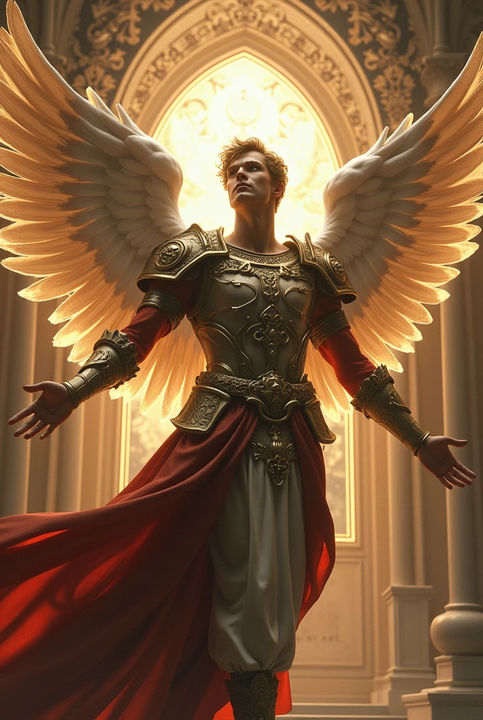 Beautiful, gorgeous and hyperrealistic (male Angel Guardian dressed as a medieval warrior, full body, in action. In traditional catholic art style) by Jean- Baptiste Monge, Unreal Engine, Greg Rutkowski, Loish, Rhads, Beeple, Makoto Shinkai, and Lois van Baarle, Ilya Kuvshinov, Rossdraws, Tom Bagshaw, Alphonse Mucha, global illumination, detailed and intricate environment
