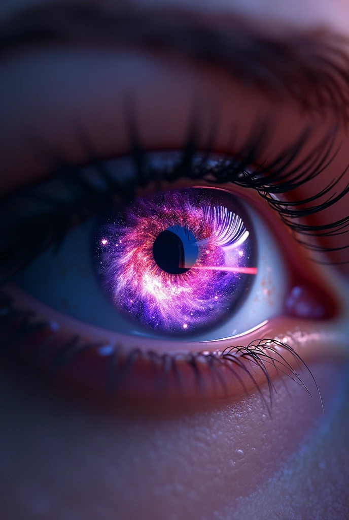 Eye with purple galaxy,white and red inside
