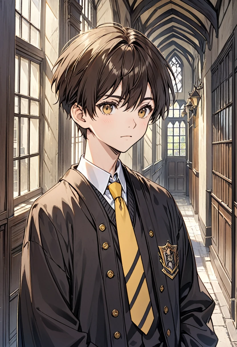 boy with short brown hair, with brown eyes, wearing black Hogwarts uniform with yellow tie with black diagonal lines, in the corridors of a gothic building