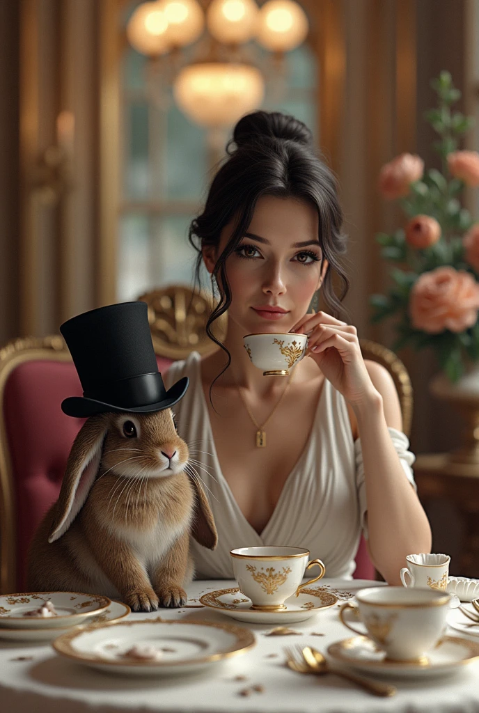 Woman sitting at a fancy table drinking coffee with a rabbit wearing a fancy black hat