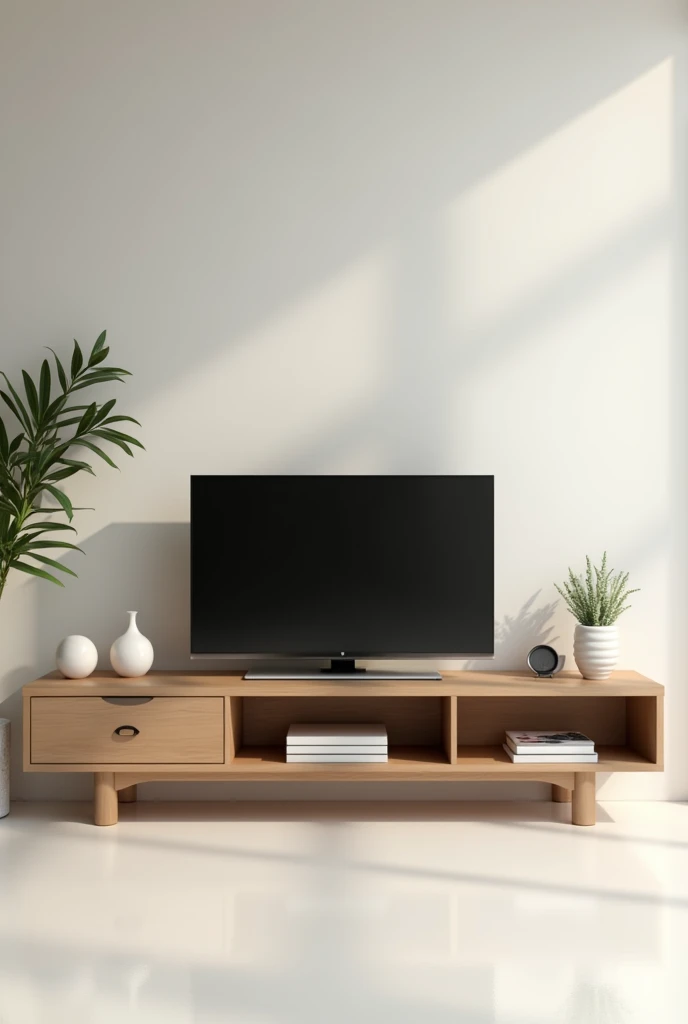 
"Create a realistic 3D rendering of a modern TV stand with an LCD TV on top. The stand should have a sleek, contemporary design, made of wood or a similar material, with a few open shelves and storage compartments below. The LCD TV is centered on the stand, with a slim bezel and a clear, bright screen. The shelves can hold small decorative items like books, vases, or plants to add a touch of warmth to the scene. The overall style should be minimalist and clean, fitting seamlessly into a modern living room setting."
```