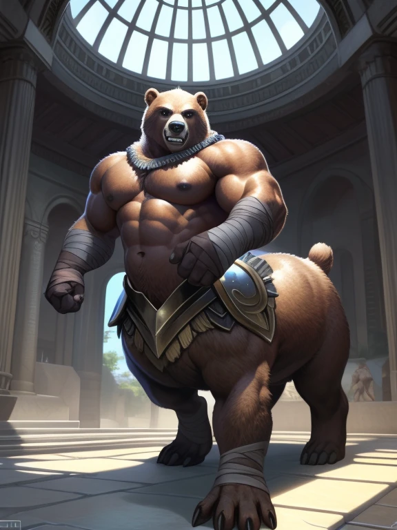 Alone, the second, furry, bull thief, furry male, mayor, ((spongy fur, spongy, furry taur body)), (Brown leather, bear print), brown body, gray fur, snout, black nose, yellow eyes, detailed teeth, detailed face, detailed bear paws, detailed bear tail, spiked ponytail, detailed spongy fur, detailed face, detailed eyes, detailed body, revealing armor, detailed face, detailed eyes, taurus full body, great fantasy hall, (by null ghost, by raccoon21, masterpiece, high quality, Hi-Nothing,8k), standing, interior, happy expression, day, affected smile, dynamic pose, hand wraps, Detailed hands