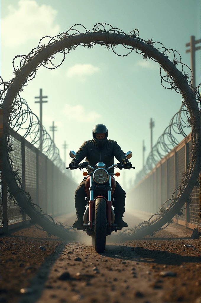 Motorcyclist inside a circle of barbed wire 