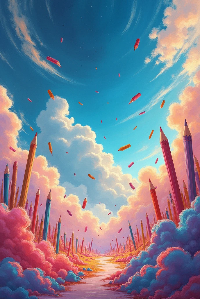 Universe and clouds with pencils and crayons everywhere , with warm tones and shades drawn in crayon